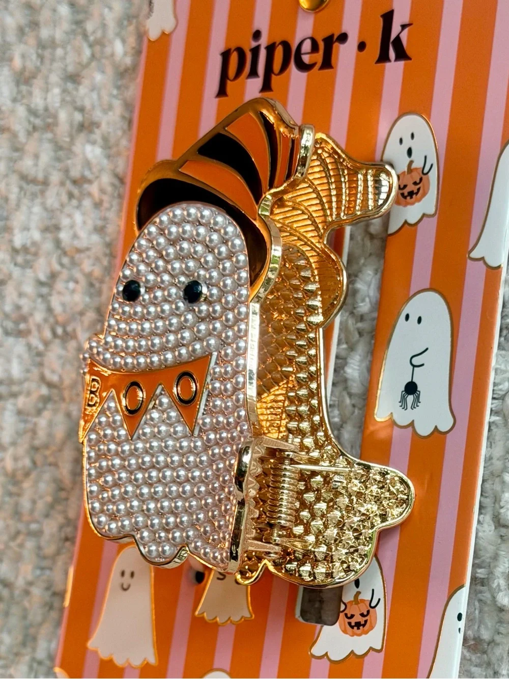 Piper K Ghost Hair Claw Clip Metal Faux Pearl Black Orange Enamel Halloween New
